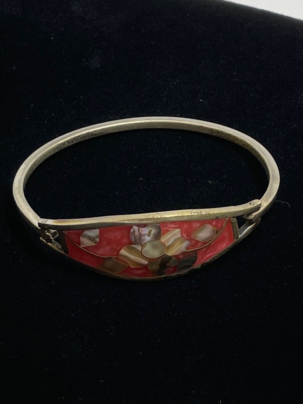 Vintage Mexico Alpaca Silver Hinged Bracelet Abalone Inlay Flower